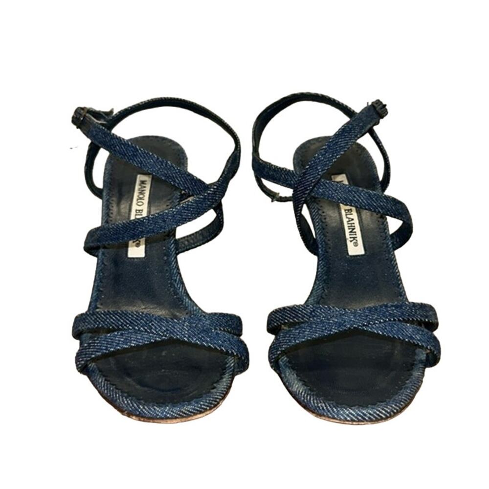 Manolo Blahnik Denim Crossover Heels - Picture 2 of 11